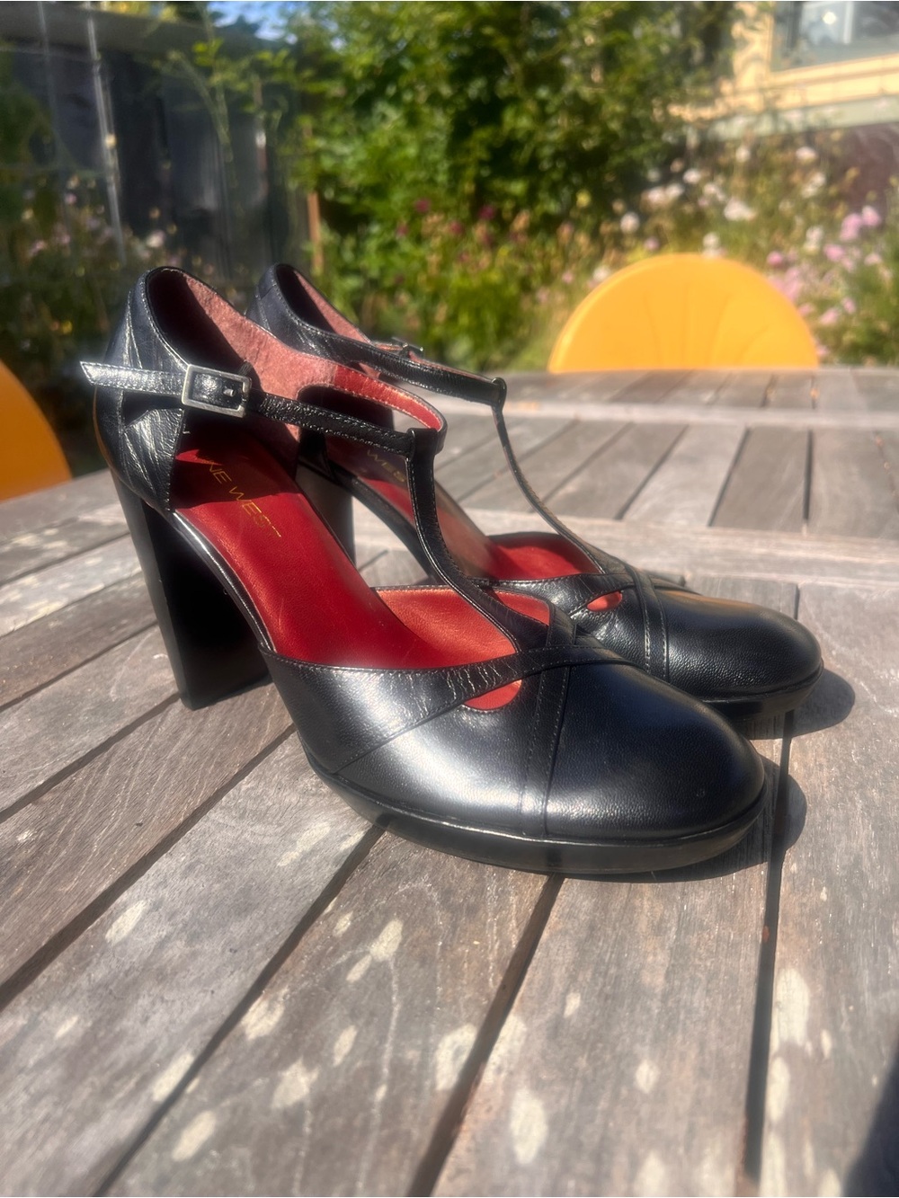 Nine West Black T-Strap High Heel Pumps with Red Insole and Cutouts